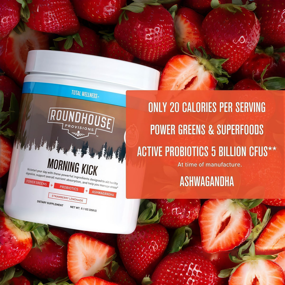 ROUNDHOUSE PROVISION Morning Kick, Zero Sugar Greens Superfood Powder Supplement with Ashwagandha, Collagen, Probiotics, Debloat Drink, (Strawberry Lemonade) by Chuck Norris